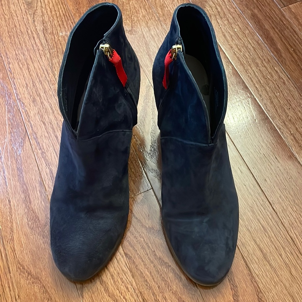 Boden Navy Suede Ankle Boots with Red Accent 7.5